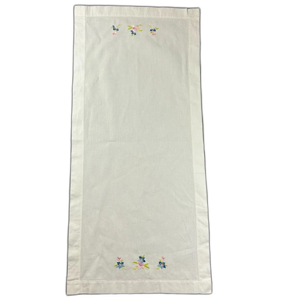 Vintage Hand Embroidered White Linen Table Runner Scarf